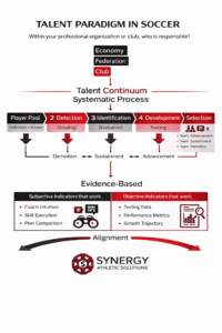 Talent paradigm in soccer illustrating player pool, detection, identification, development, and selection within training environments