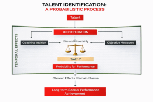 Conceptual model illustrating talent identification in soccer as a probabilistic process shaped by coaching intuition, objective measures, temporal effects, and uncertainty influencing long-term performance.