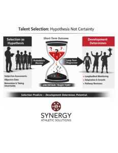 Infographic illustrating talent selection in soccer as a probabilistic hypothesis rather than a certainty, showing how development determines long-term potential within system design frameworks.