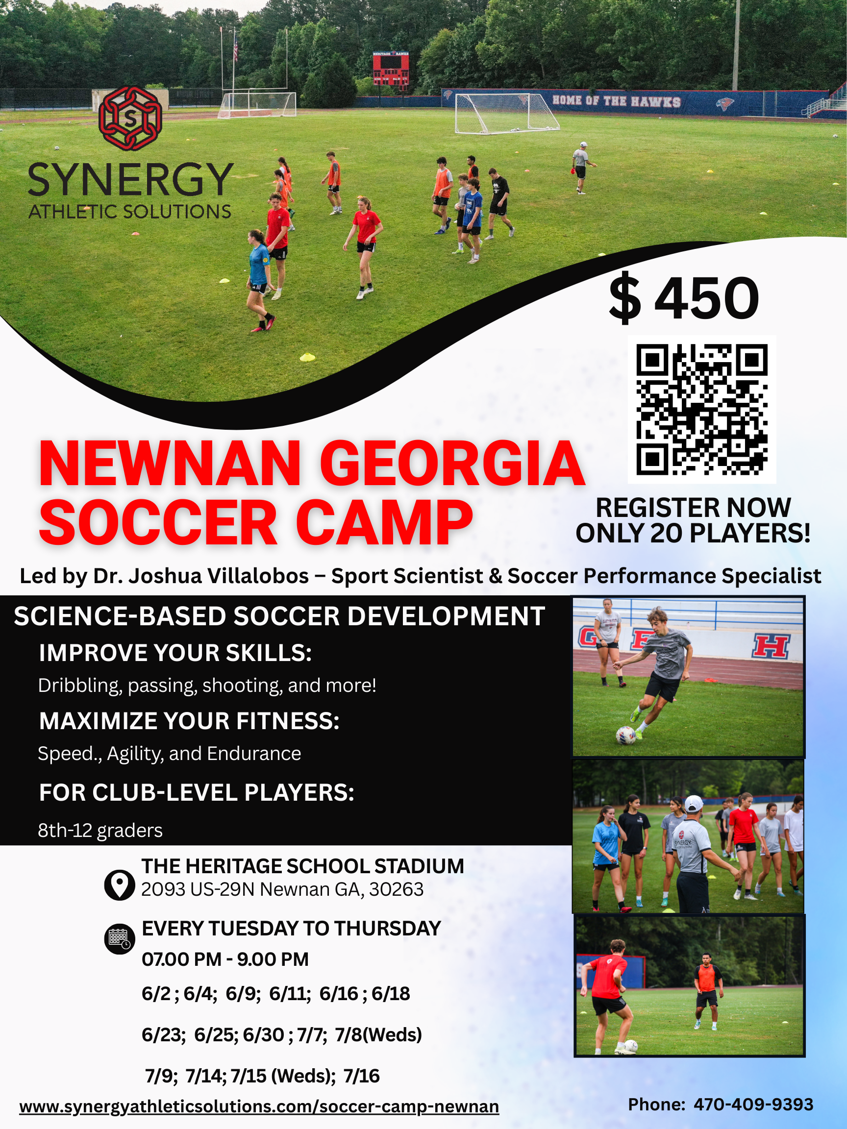 Soccer training camp in Newnan Georgia for club-level players hosted by Synergy Athletic Solutions and led by sport scientist Dr. Joshua Villalobos.