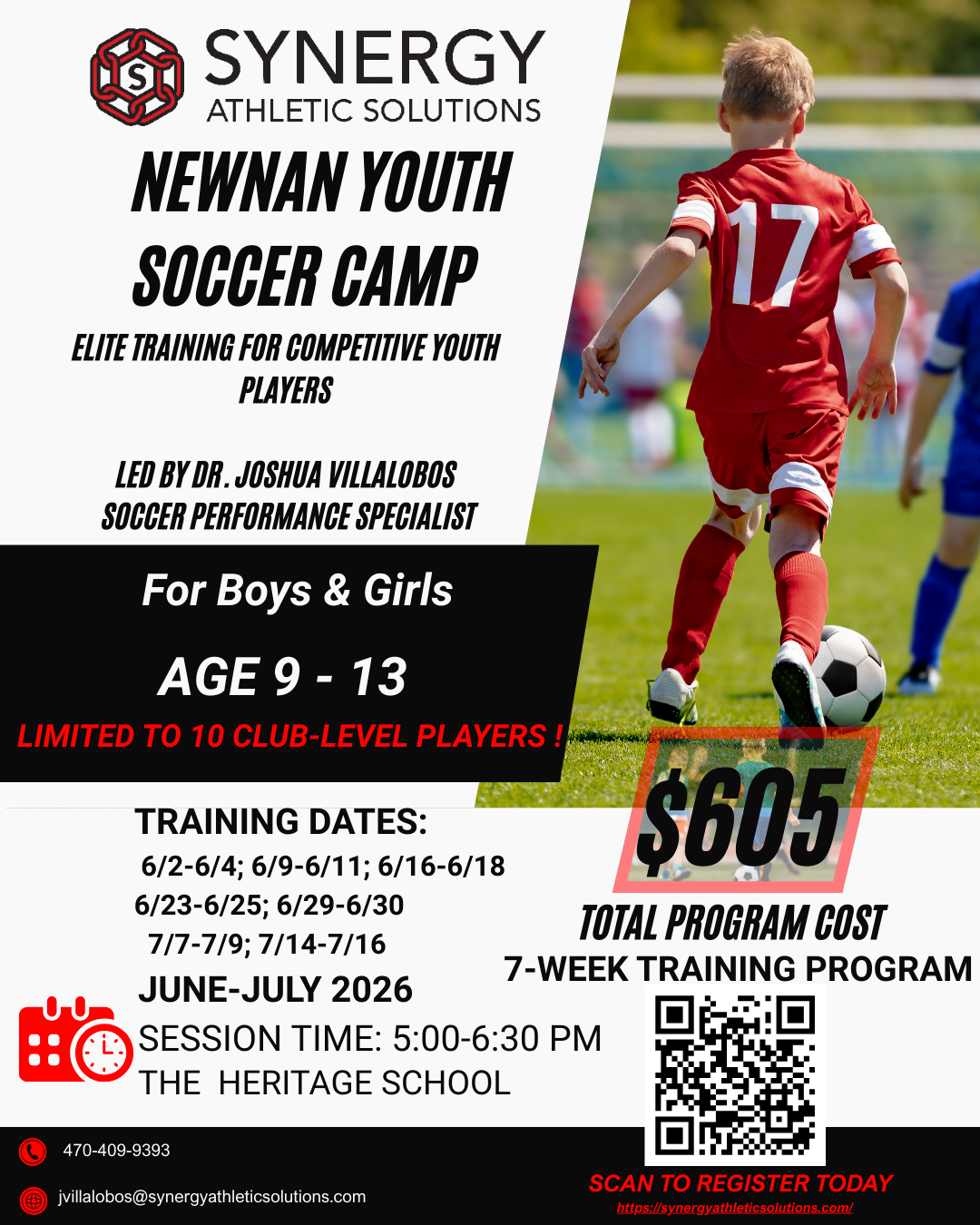 Newnan youth soccer camp for boys and girls ages 9–13 hosted by Synergy Athletic Solutions and led by Dr. Joshua Villalobos.