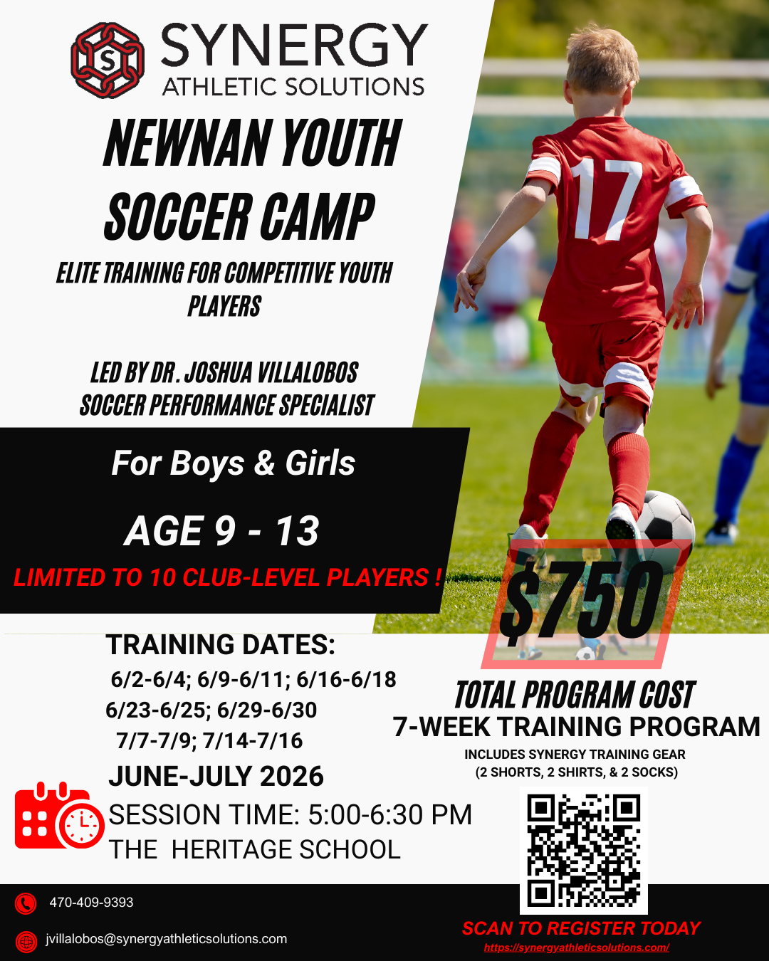 Newnan youth soccer camp for boys and girls ages 9–13 hosted by Synergy Athletic Solutions and led by Dr. Joshua Villalobos.