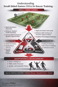 Infographic explaining how small-sided games create integrated tactical, technical, and physical training impulses that drive soccer player adaptation and development.