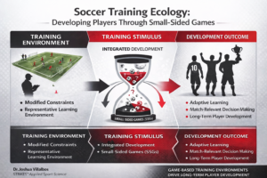 Small-sided games training ecology model showing how representative learning environments create integrated tactical, technical, and physical development in soccer players.