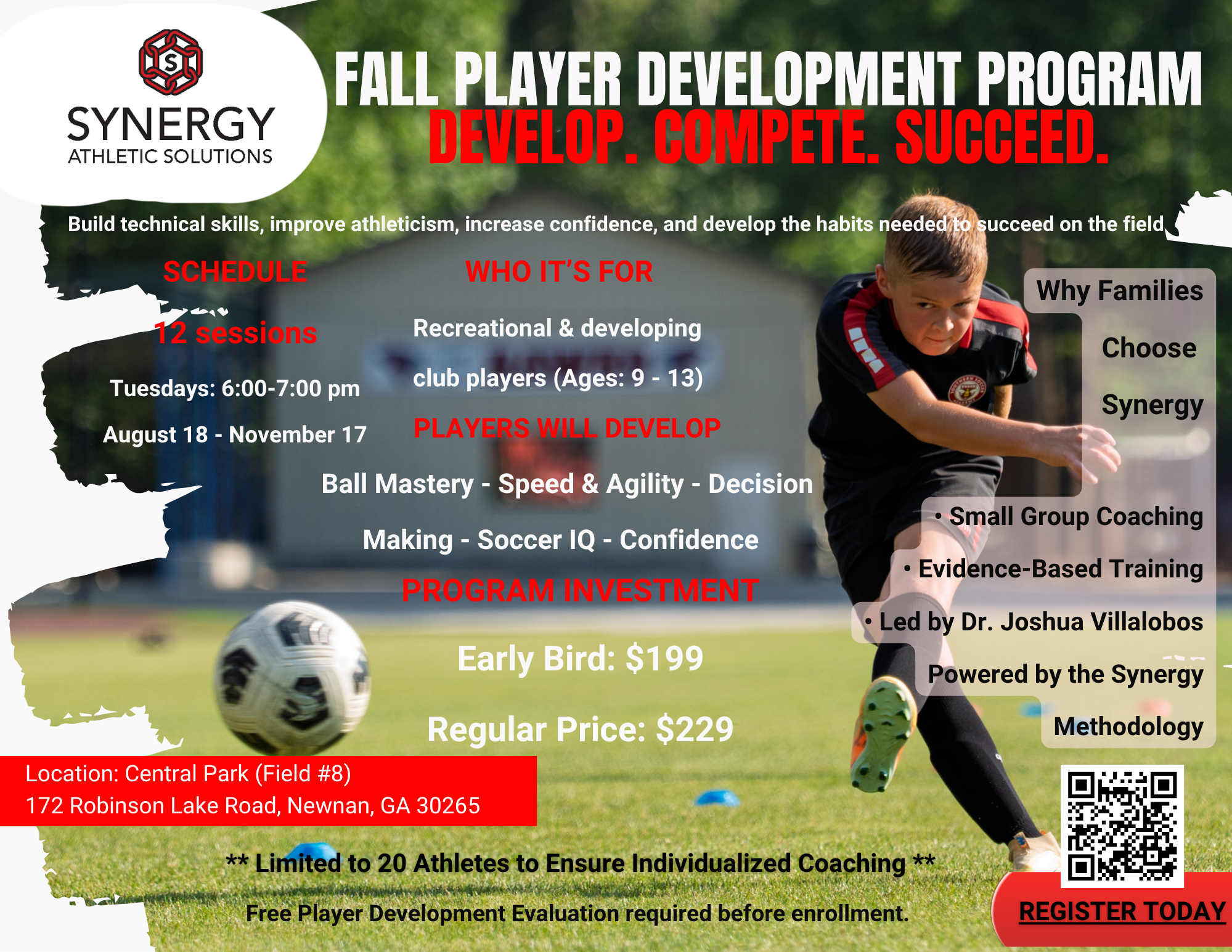 Fall Player Development Program | Synergy Athletic Solutions | Newnan, GA Fall Player Development Program for youth soccer players ages 9–13 in Newnan, Georgia. Small group soccer training focused on technical skills, speed, agility, confidence, and decision-making by Synergy Athletic Solutions.