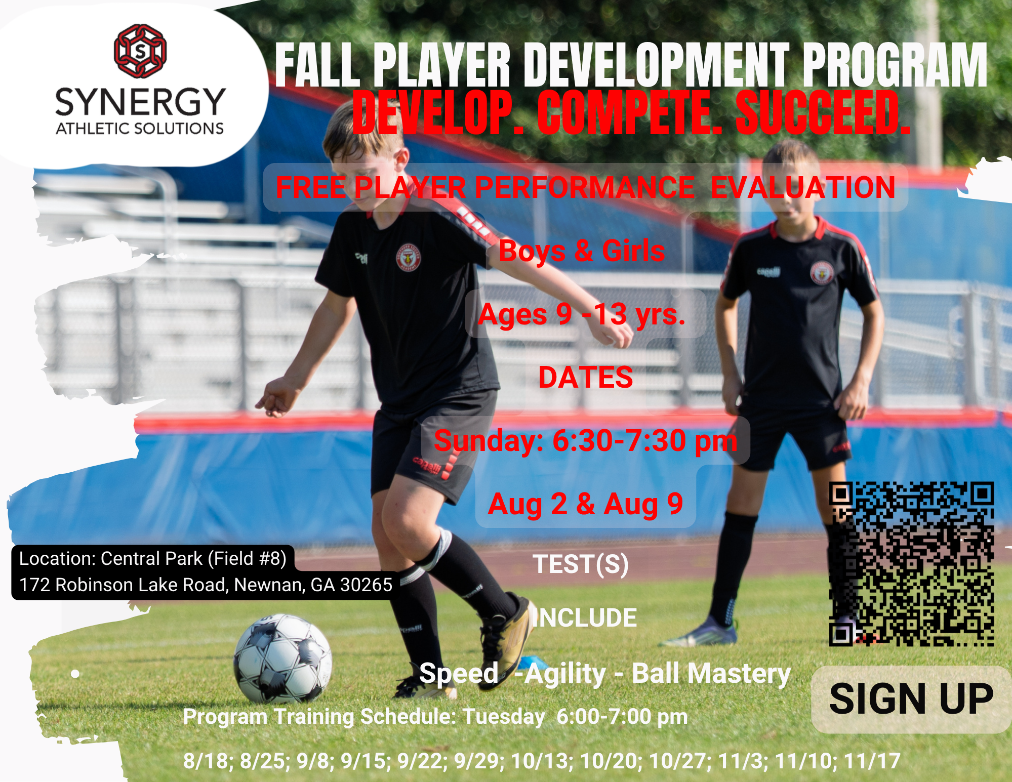 Free soccer player performance evaluation for boys and girls ages 9–13 in Newnan, Georgia. Includes speed, agility and ball mastery assessment by Synergy Athletic Solutions.