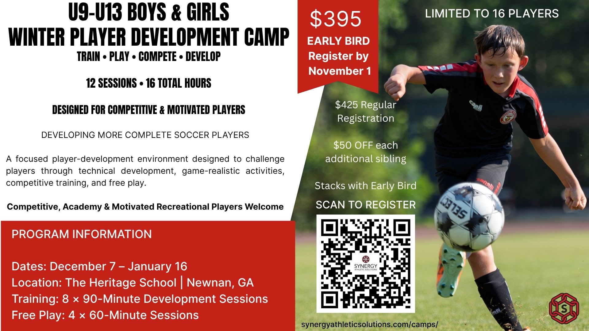 U9-U13 boys and girls winter soccer training camp in Newnan, GA